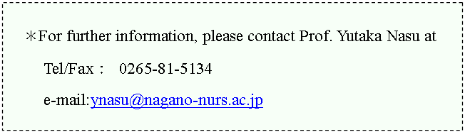 �e�L�X�g �{�b�N�X: ��For further information, please contact Prof. Yutaka Nasu at�@

Tel/Fax�F 0265-81-5134 

e-mail:ynasu@nagano-nurs.ac.jp



